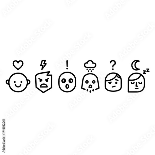 Emotion symbols showing various facial expressions in black outline  
