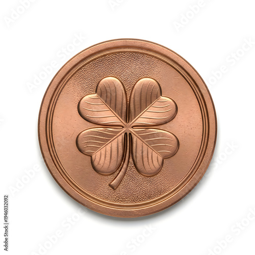 Copper coin with shamrock design on it