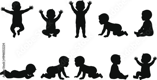 Baby silhouette set showing jumping sitting standing crawling and playing toddler poses child activity collection vector illustration isolated