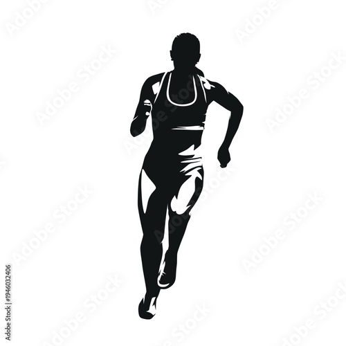 Run. Vector silhouette of a female sprinter running toward the viewer. Front view of a woman athlete in motion during a sprint race. Dynamic track and field illustration showing speed, 