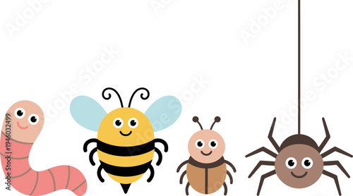Four adorable cartoon bugs are lined up, featuring friendly, smiling faces. The colorful group includes a pink worm, a striped bee, a little brown beetle, and a cute spider hanging from a thread.
