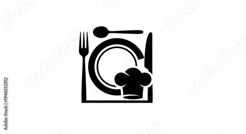 Elegant restaurant menu icon with chef hat, dinner plate, fork, knife, and spoon silhouette. Culinary cooking and food service symbol.