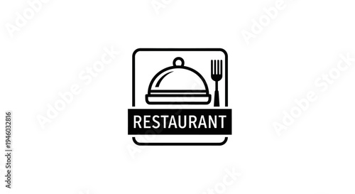 Black and white restaurant icon with cloche and fork, a simple graphic symbol for dining establishments and food service.