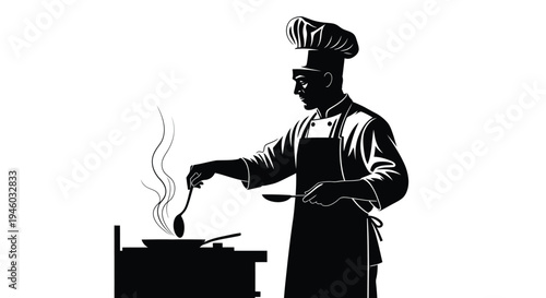 Professional male chef in a traditional uniform cooking with a pan and spoon vector illustration