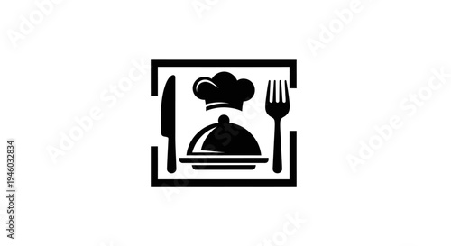 Elegant Restaurant and Catering Service Logo with Chef Hat, Cloche, Plate, Knife, and Fork Icon Design