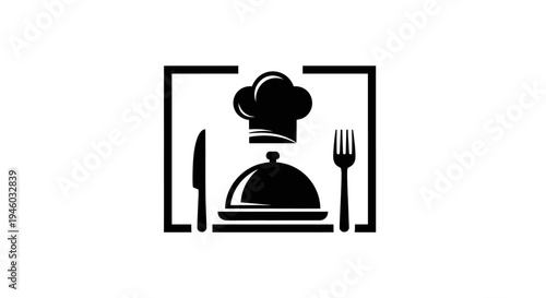 Stylized chef hat, cloche, plate, knife, and fork icon. Ideal for restaurant, food service, catering, and culinary business branding.