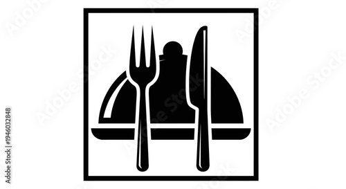 Monochromatic restaurant and dining icon with elegant cutlery and serving cloche in a square frame. Ideal for food service applications.