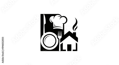 Elegant black and white logo with chef hat, kitchen utensils, and house icon. Perfect for home cooking, restaurant, or catering business.