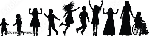 Children growth stages silhouette collection showing kids walking running jumping girl boy development progression ending with adult woman wheelchair concept