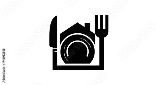 Home Cooking & Dining Icon with House, Plate, Knife, Fork. Food Delivery, Restaurant Service, Catering Logo Graphic
