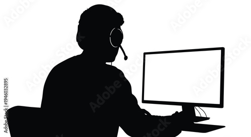 Silhouette vector graphic illustration of a person wearing a headset using a desktop computer monitor