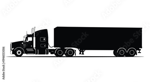 Bold black silhouette vector graphic illustration of a classic long haul semi truck towing a trailer
