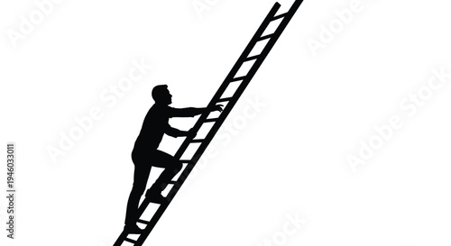 Conceptual vector graphic of a man climbing a ladder, illustrating ambition, challenge, and future success.