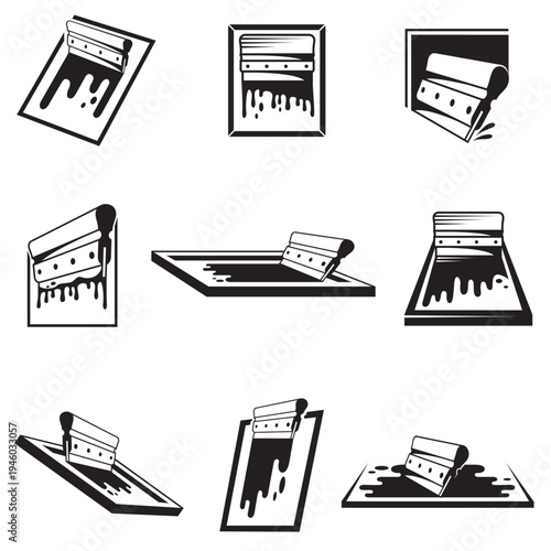 silk screen printing icons with squeegee isolated on white background