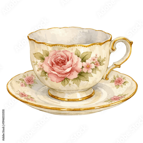 A watercolor illustration of a vintage shabby chic rose floral teacup and saucer for tea party invitations, romantic stationery, cottagecore decor, and elegant kitchen designs.