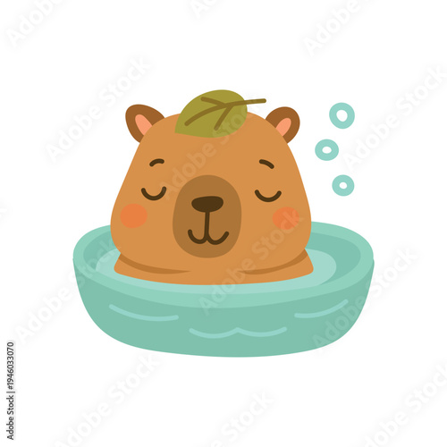 Cartoon capybara relaxing in water pool with leaf on head, charming wildlife illustration perfect for animal blogs, relaxing nature content and children storytelling graphics