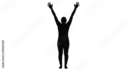 Black silhouette vector graphic illustration of a person standing with both arms raised high above their head
