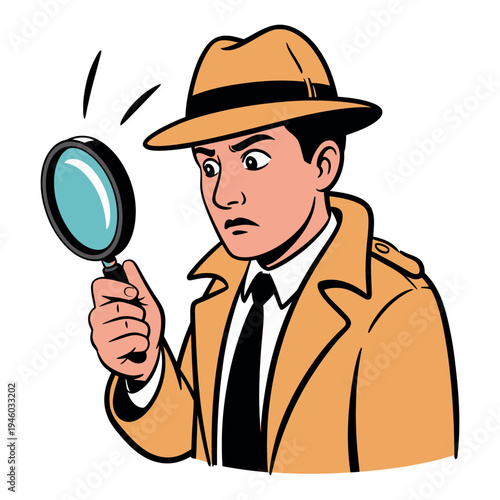 A cartoon detective in a trench coat examining clues with a magnifying glass
