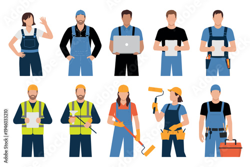 A diverse group of ten professional manual workers is depicted in a flat illustration style. The characters include builders, painters, and technicians, each wearing appropriate safety gear and holdin