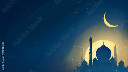 Elegant Ramadan night background with glowing crescent moon and mosque silhouette. Islamic celebration theme perfect for Eid and Ramadan designs.