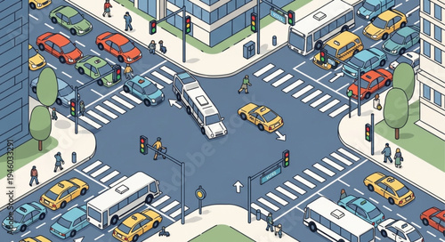 Isometric City Intersection with Cars and Pedestrians Illustration.