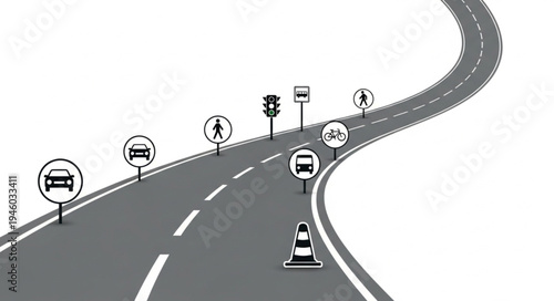 Roadway with Traffic Signs and Cone Illustration.