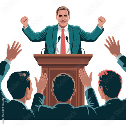 A confident speaker addressing an audience from a podium