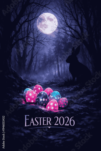 rabbit under full moon with twinkling stars and shadows, easter scene with colorful eggs and mystical atmosphere