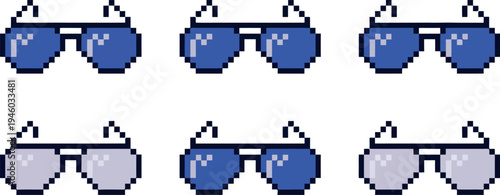 A set of six aviator-style sunglasses is rendered in classic pixel art. The glasses are presented in a two-by-three grid, featuring varying shades of blue and purple lenses. 