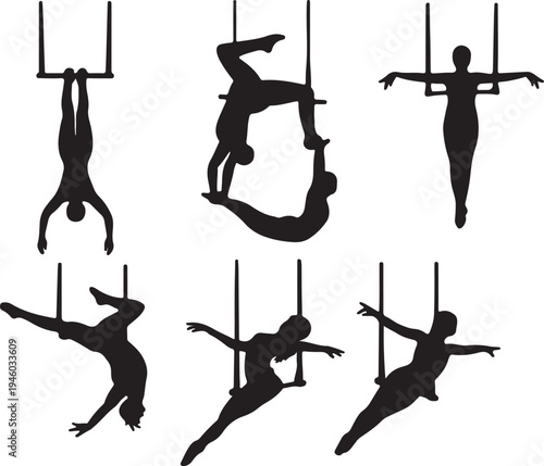 Dynamic silhouettes of aerialists performing various tricks on silk ribbons