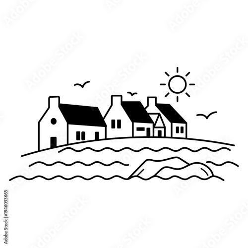 Illustration vectorielle minimaliste représentant un petit village breton au bord de la mer avec maisons, vagues, soleil et oiseaux. Micro scène inspirée du littoral et des paysages de Bretagne.