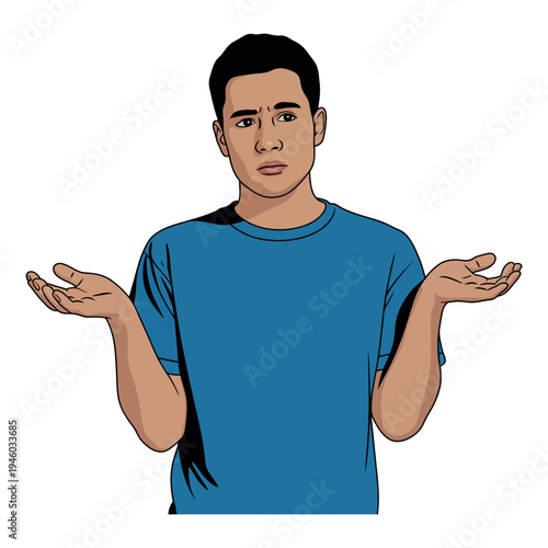 A young man shrugs his shoulders in confusion