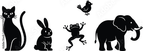 Animal silhouette icon set featuring cat, rabbit, frog, bird and elephant in simple cute wildlife and pet illustration collection isolated on white background