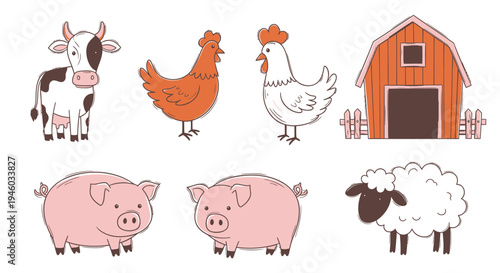 Set of 6 farm animals and barn icons vector