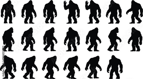Bigfoot sasquatch silhouette collection showing different walking poses and gestures mythical forest creature character set isolated for wildlife mystery legend design