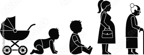 Human life cycle stages silhouette showing baby stroller infant crawling child sitting pregnant woman and elderly grandmother aging vector illustration