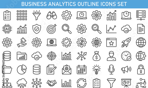 business analytics outline icons set, data analysis and management vector icons collection, startup strategy marketing finance productivity technology line icons pack for web and apps