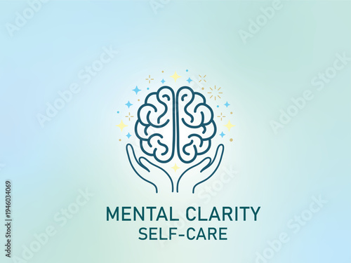 Minimal brain icon held by open hands with sparkles symbolizing mental clarity, mindfulness, psychology, self care and mental health awareness. Clean modern vector illustration on soft background.