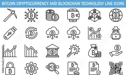 Bitcoin cryptocurrency and blockchain technology line icons set featuring mining, digital wallet, crypto exchange, cloud storage, security lock, QR payment, investment charts vector