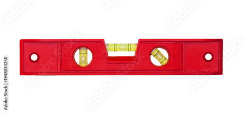 Red torpedo spirit level tool isolated on white background