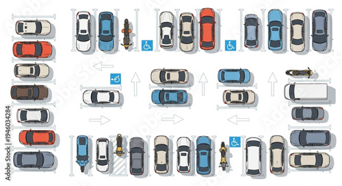 Overhead View of a Parking Lot with Cars and Accessible Parking Spaces.