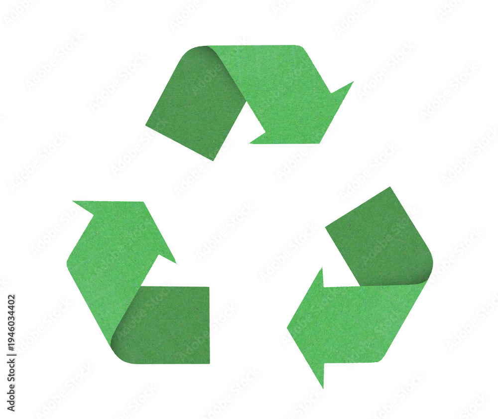 Fototapeta premium Green recycling symbol with paper texture isolated on white background