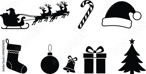 Christmas holiday silhouette icon set including Santa sleigh with reindeer, candy cane, Santa hat, stocking, ornament ball, bell, gift box, and Christmas tree