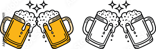 Two beer mugs clinking together in a celebratory toast with foam