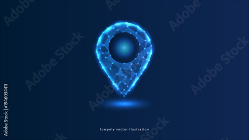 location Abstract technology pin on hand. Location and GPS concept. Digital one pin icon hologram and human palm. Low poly wireframe vector illustration in futuristic style with golden glitter.
