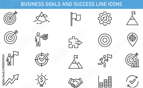 Business goals and success line icons set featuring target, strategy, leadership, achievement, growth chart, mission flag, motivation concept for business planning