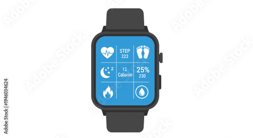 Smartwatch displaying health and fitness data: heart rate, steps, sleep, and calories