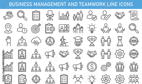 Business management and teamwork line icons set with leadership strategy hiring target handshake analytics growth organization minimalist outline vector collection for corporate design
