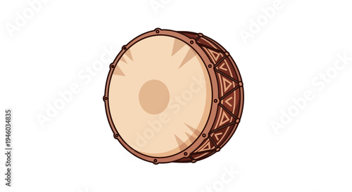 Illustration of a traditional wooden drum with a light-colored skin on a white background