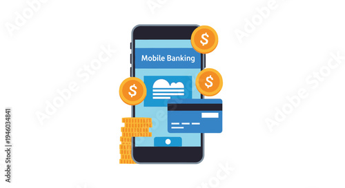 Mobile Banking App: Smartphone, Credit Card, Coins, Financial Transactions